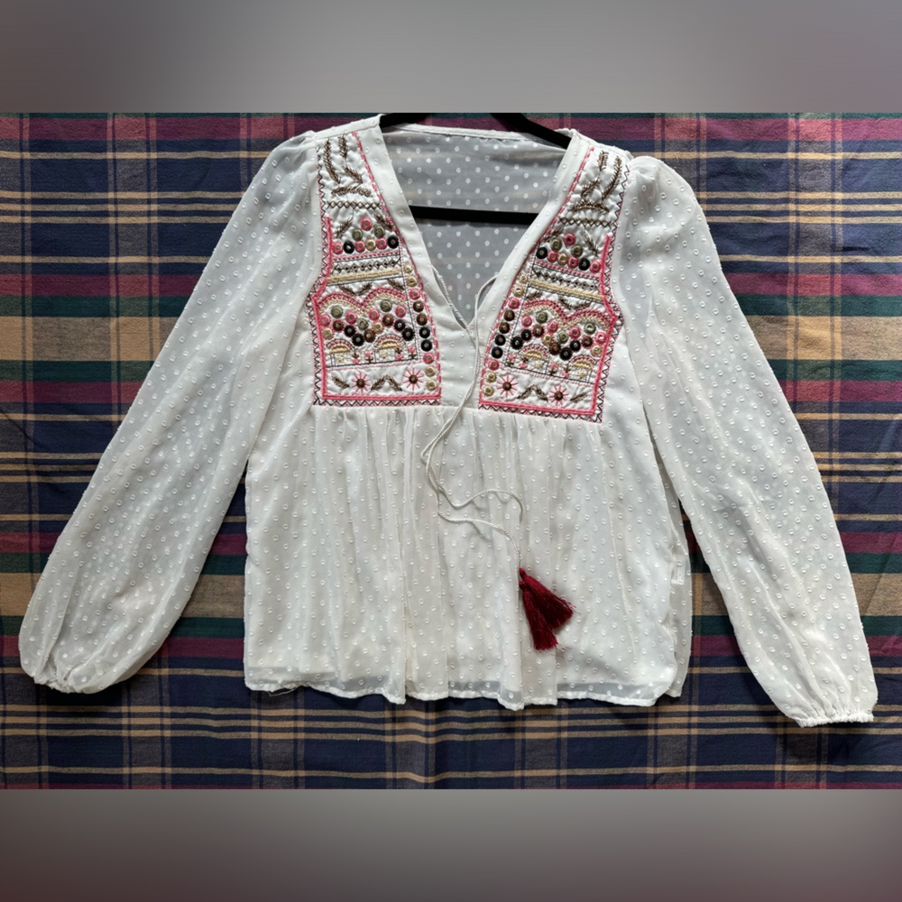 Boho Embroidery Fringe Detail Peplum Blouse